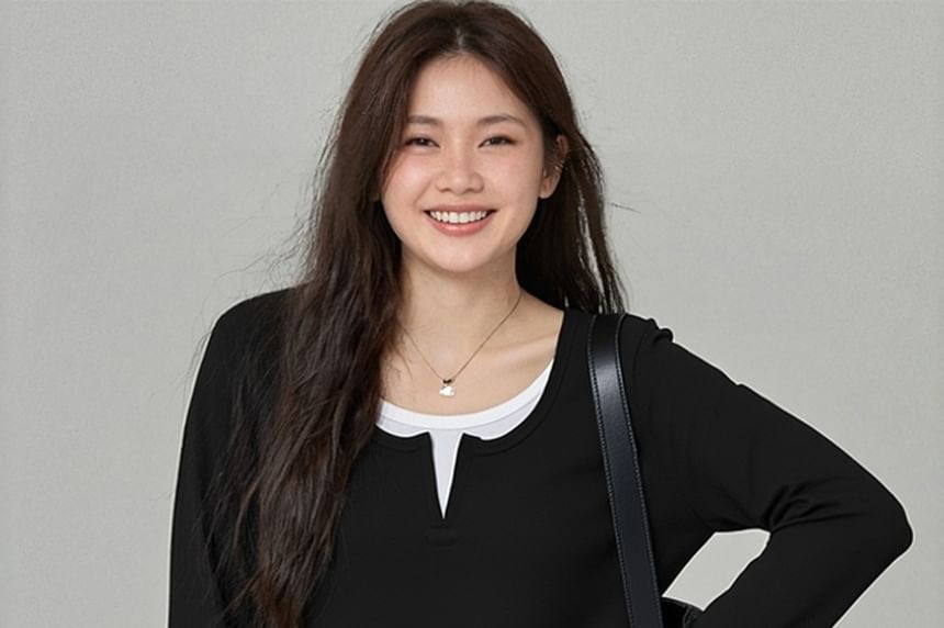 Mock Two-Piece Round Neck Tee with Long Sleeves