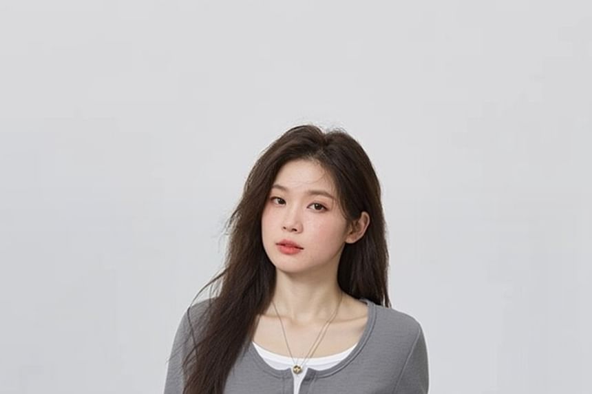 Mock Two-Piece Round Neck Tee with Long Sleeves