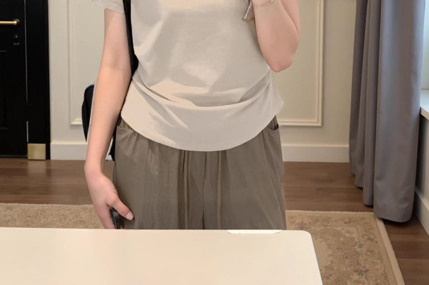 Ruched Round Neck Tee with Short Sleeves