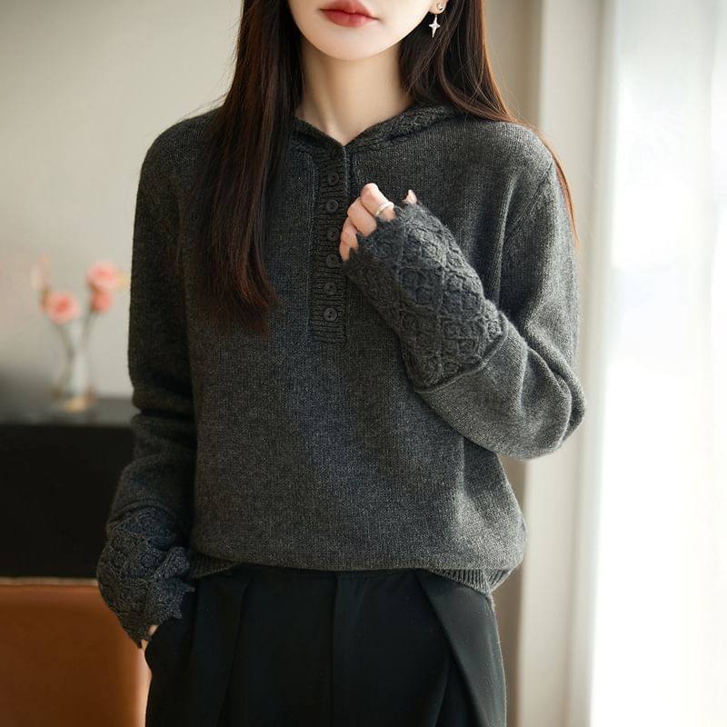 Henley Lace Cuff Hooded Knit Top Long Sleeve