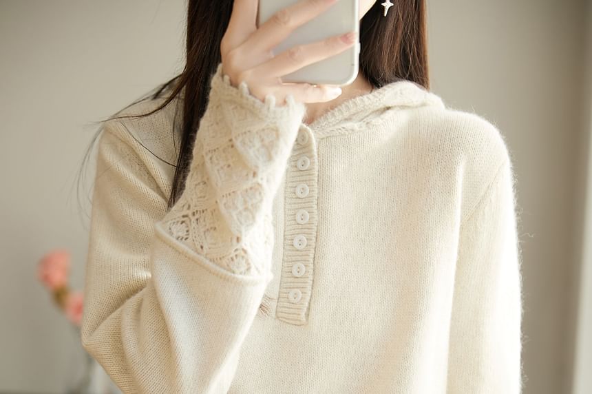 Henley Lace Cuff Hooded Knit Top Long Sleeve