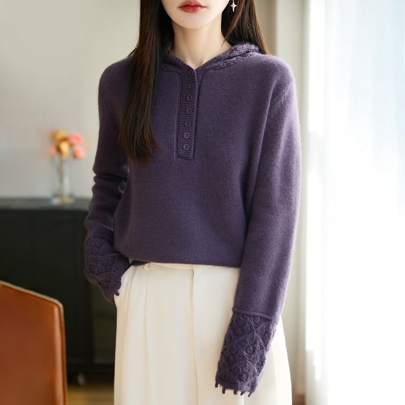 Henley Lace Cuff Hooded Knit Top Long Sleeve