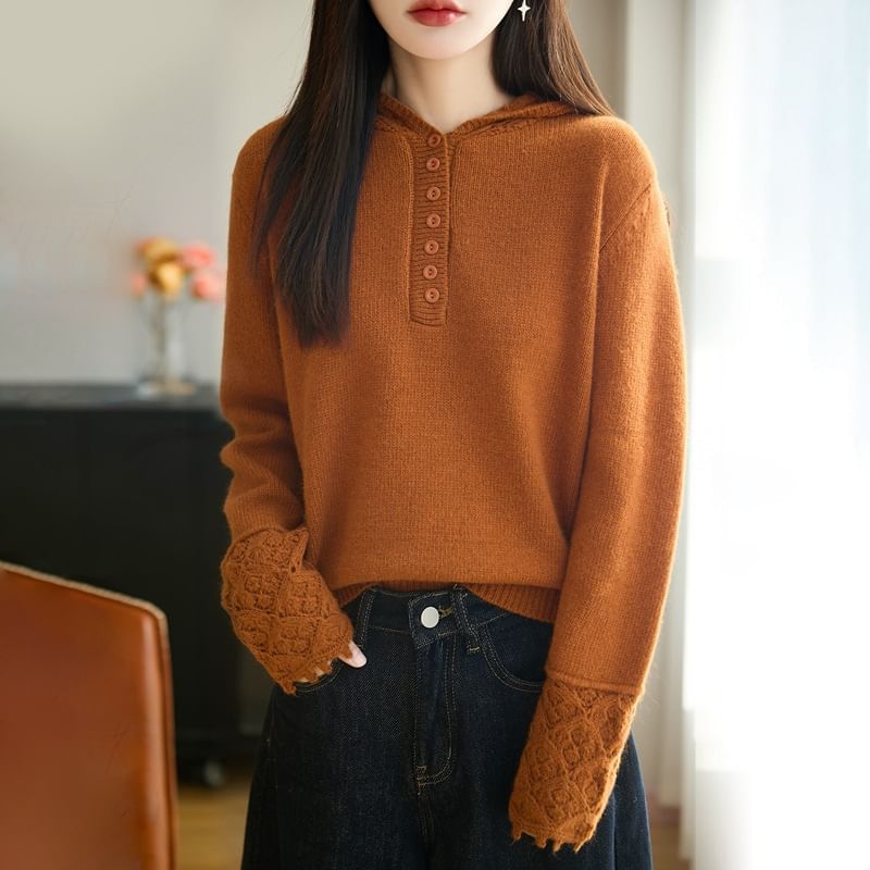 Henley Lace Cuff Hooded Knit Top Long Sleeve