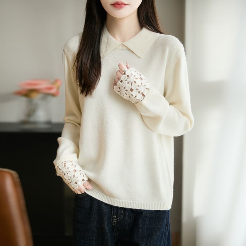 Knit Polo Top with Lace Cuff Sleeves
