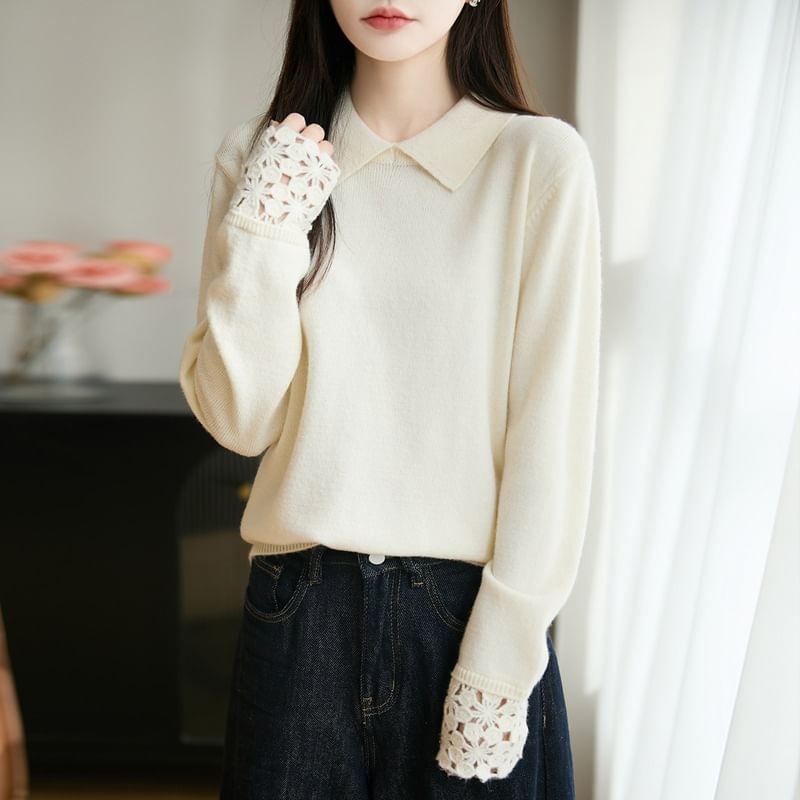 Knit Polo Top with Lace Cuff Sleeves