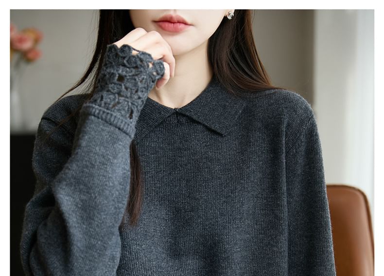 Knit Polo Top with Lace Cuff Sleeves