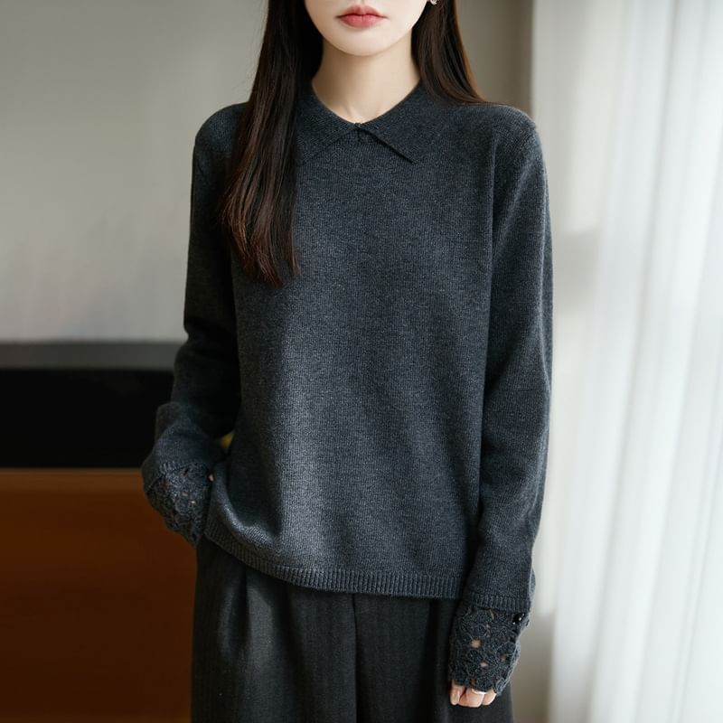 Knit Polo Top with Lace Cuff Sleeves
