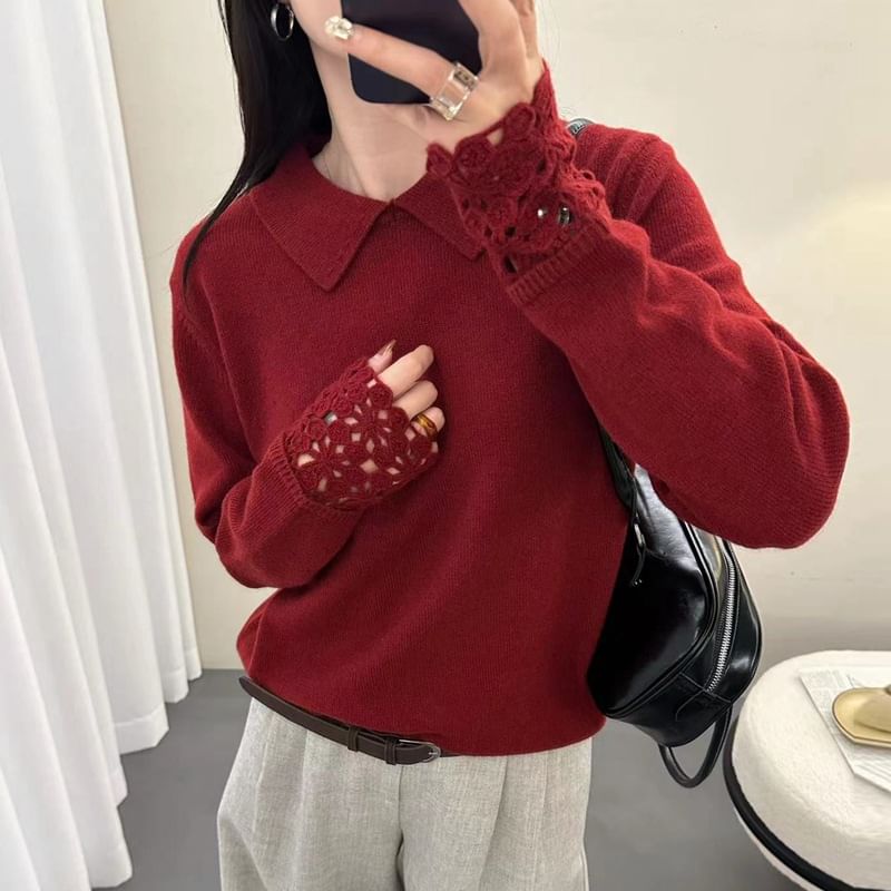 Knit Polo Top with Lace Cuff Sleeves