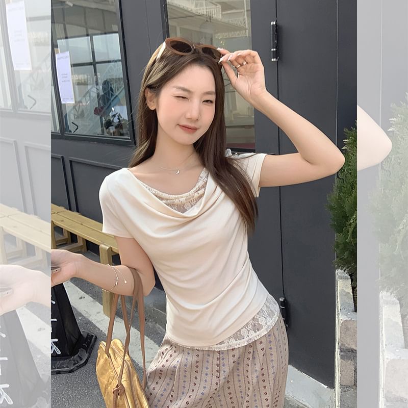 Short Sleeve Cowl Neck Lace Panel Slim-Fit Top