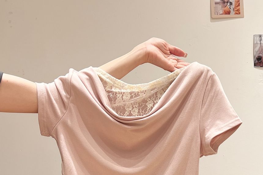Short Sleeve Cowl Neck Lace Panel Slim-Fit Top