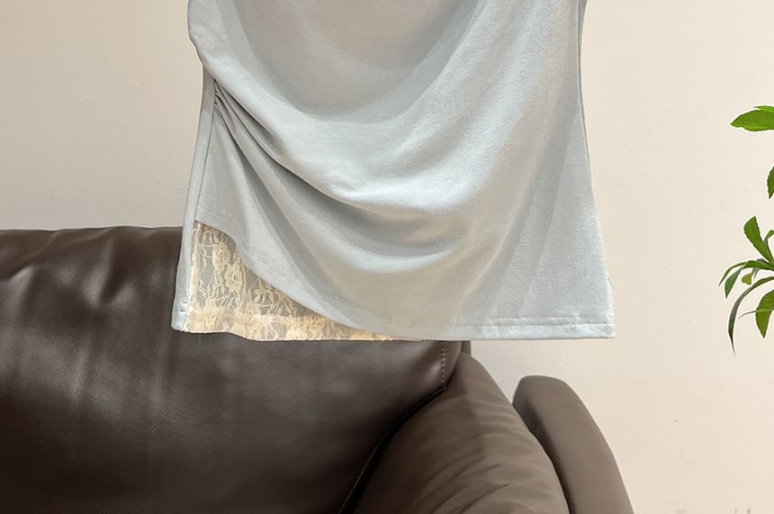 Short Sleeve Cowl Neck Lace Panel Slim-Fit Top