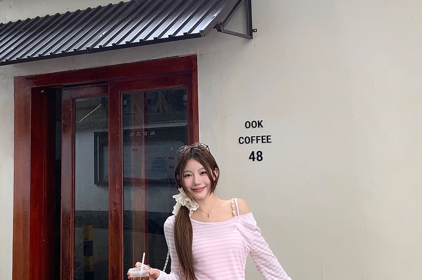 Long-Sleeve Off Shoulder Striped T-Shirt / Spaghetti Strap Maxi A-Line Dress