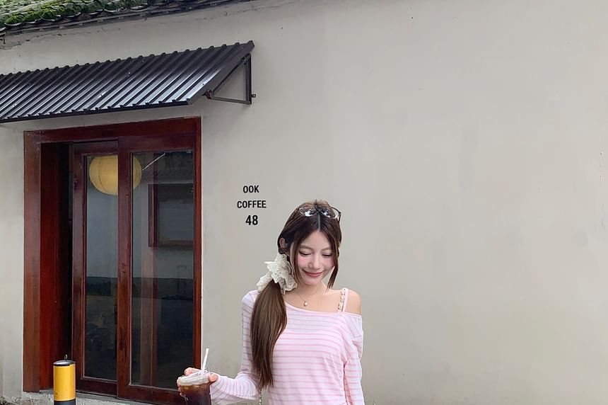 Long-Sleeve Off Shoulder Striped T-Shirt / Spaghetti Strap Maxi A-Line Dress