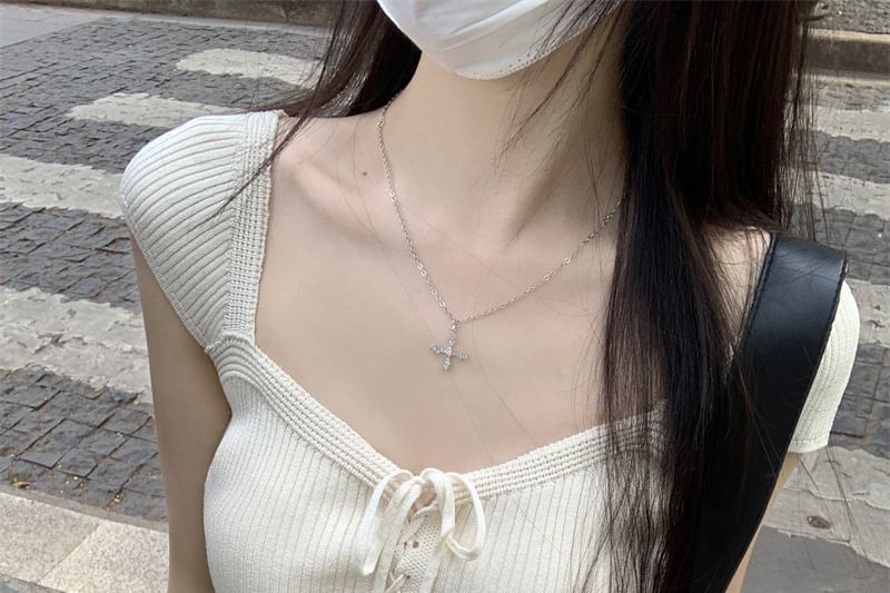 Cap Sleeve V-Neck Lace Up Ribbed Knit Top