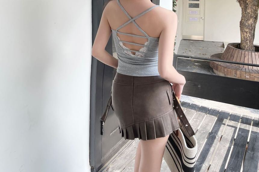 Square Neck Lace Panel Open Back Crop Camisole Top