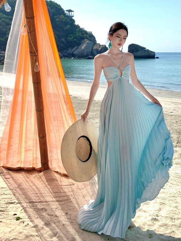 Spaghetti Strap Plain Cutout Pleated Maxi A-Line Dress