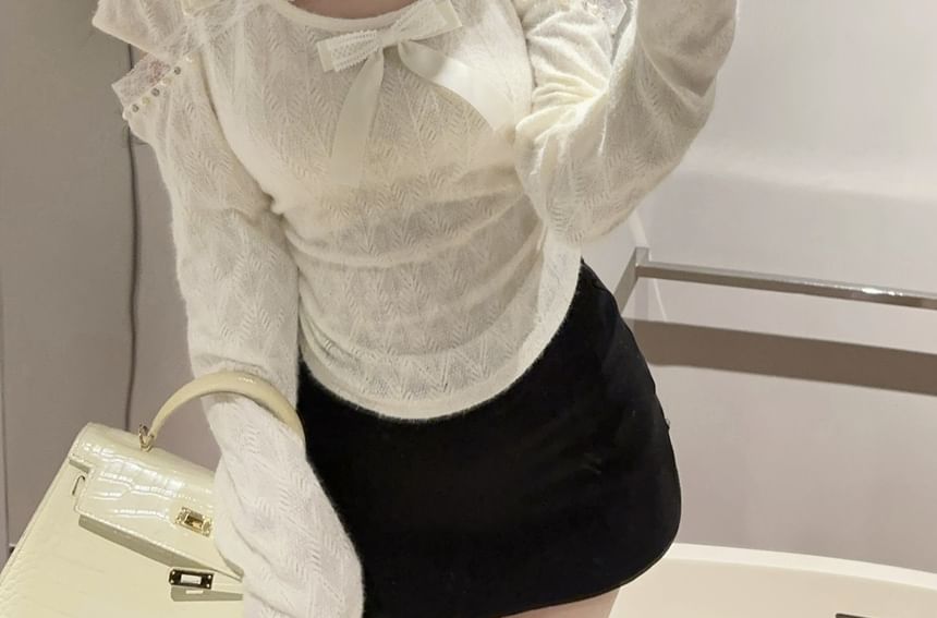 Mock Neck Cutout Lace Crop Top Long Sleeve