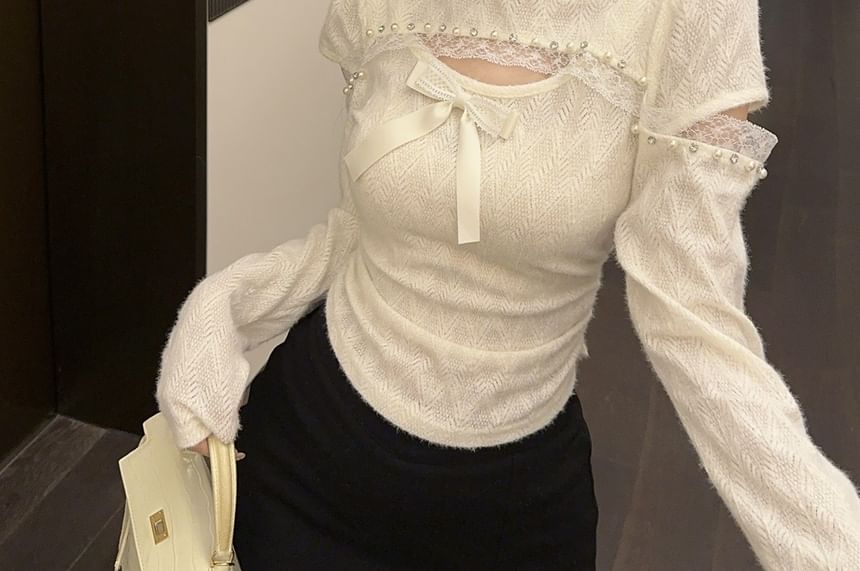 Mock Neck Cutout Lace Crop Top Long Sleeve