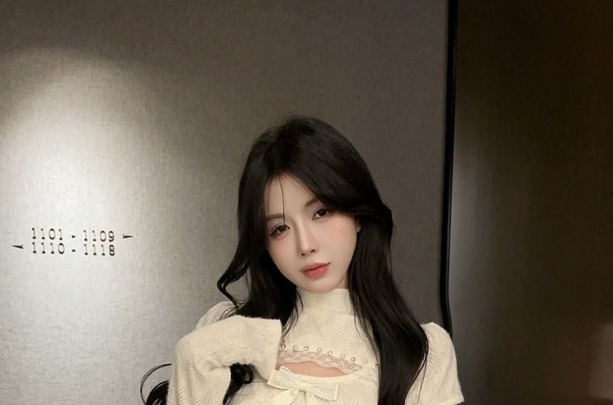 Mock Neck Cutout Lace Crop Top Long Sleeve
