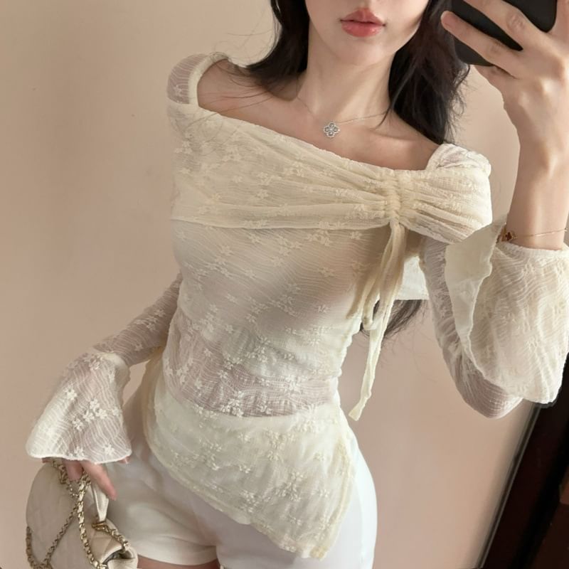Lace-Trimmed Square Neck Cropped Pullover with Long Sleeves