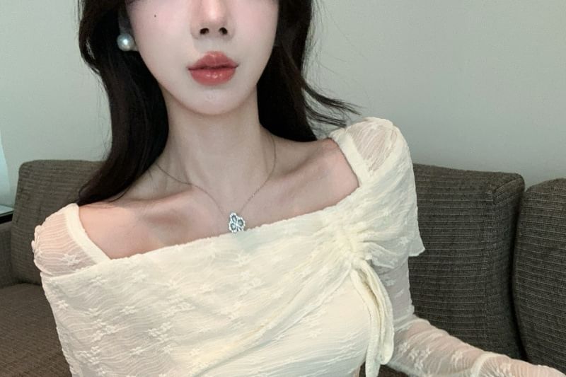 Lace-Trimmed Square Neck Cropped Pullover with Long Sleeves