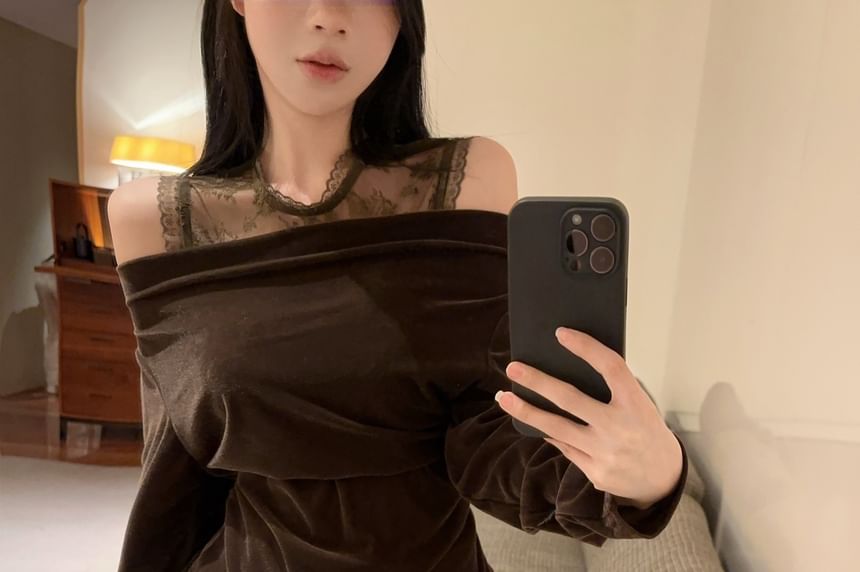Velvet Lace Panel Cold Shoulder Long Sleeve Top