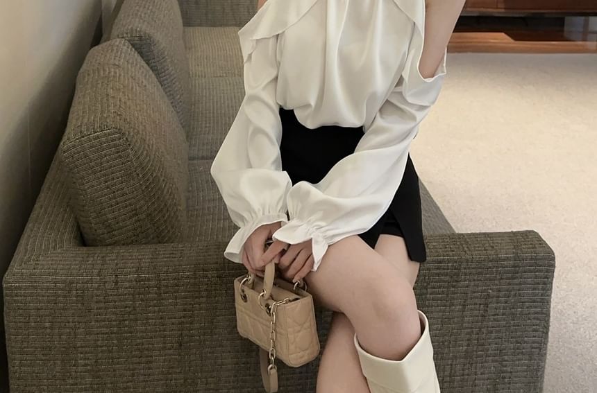Rhinestone Cold Shoulder Crewneck Long Sleeve Blouse