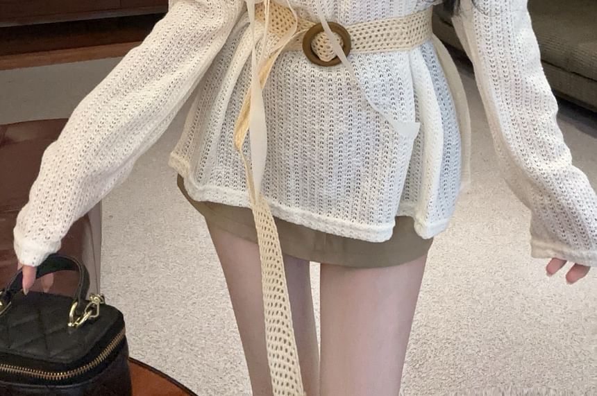 Crewneck Cold-Shoulder Top with Woven Waist Belt