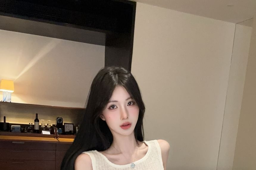 Crewneck Cold-Shoulder Top with Woven Waist Belt
