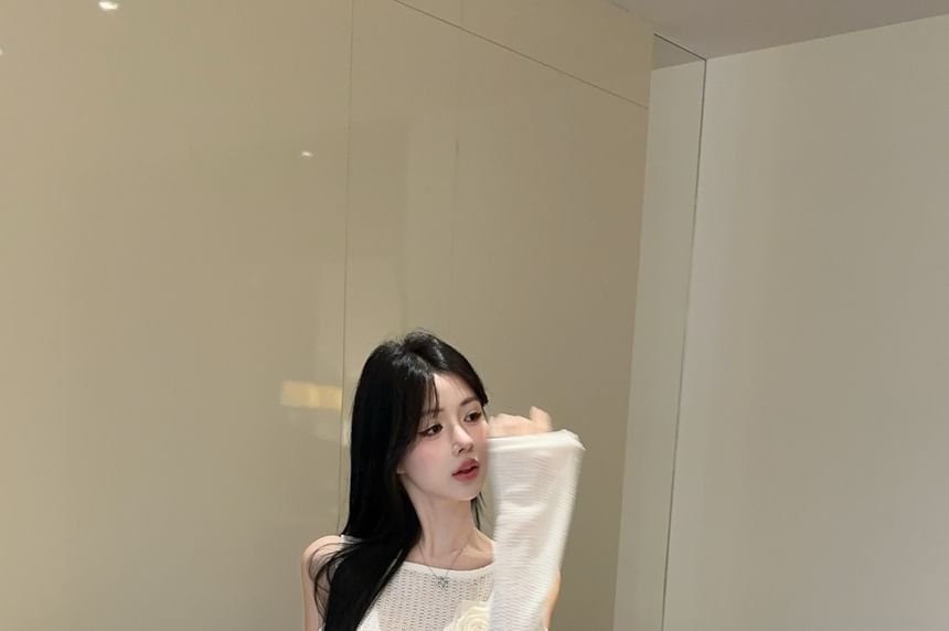 Crewneck Cold-Shoulder Top with Woven Waist Belt