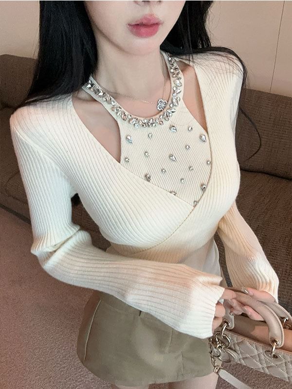 Rhinestone Knit Two-Piece Long Sleeve Top