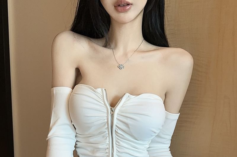 Zip-Up Off Shoulder Crop Long Sleeve Top