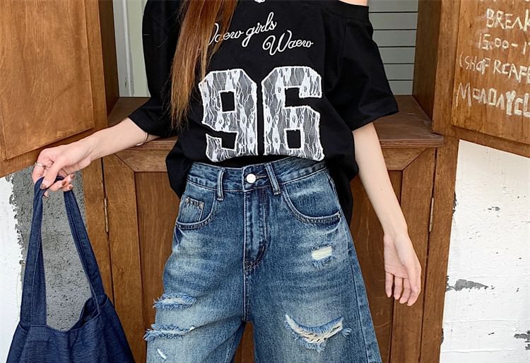 High Waist Washed Distressed Denim Shorts