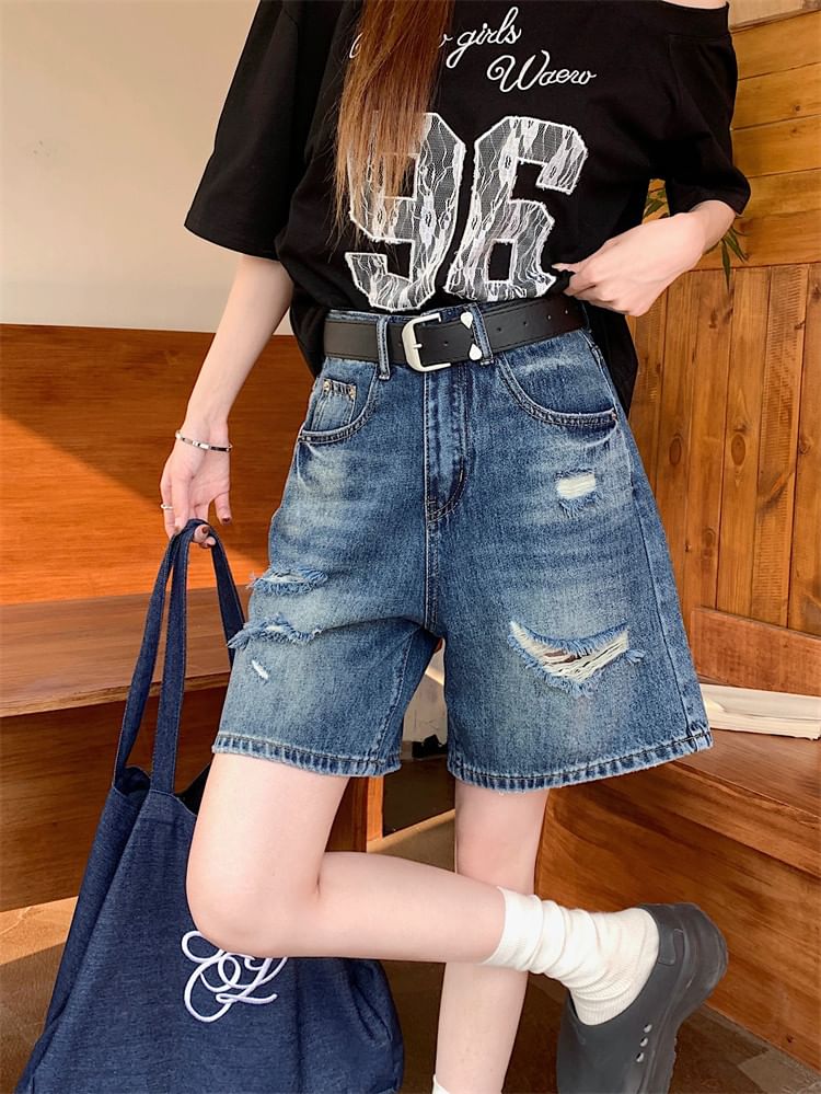 High Waist Washed Distressed Denim Shorts