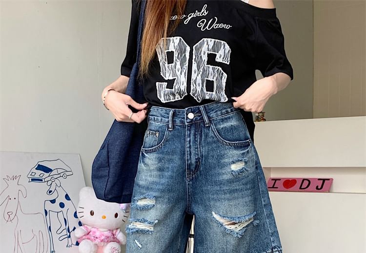 High Waist Washed Distressed Denim Shorts
