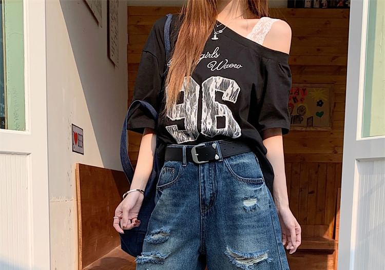 High Waist Washed Distressed Denim Shorts