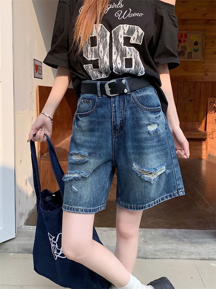 High Waist Washed Distressed Denim Shorts