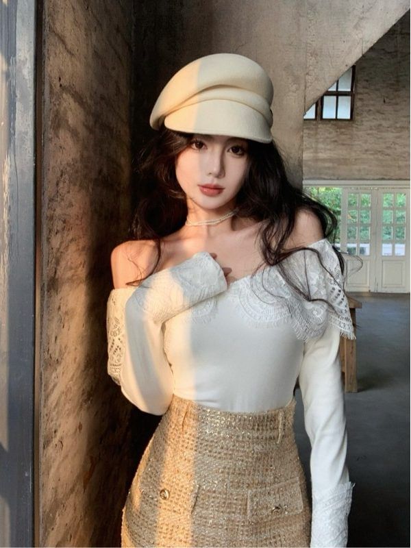 Off Shoulder Lace Panel Top Long Sleeve