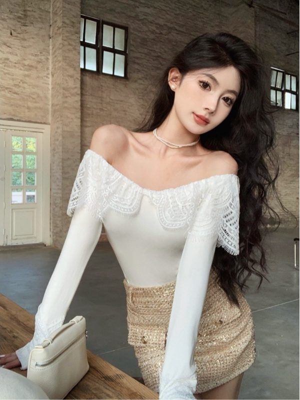 Off Shoulder Lace Panel Top Long Sleeve