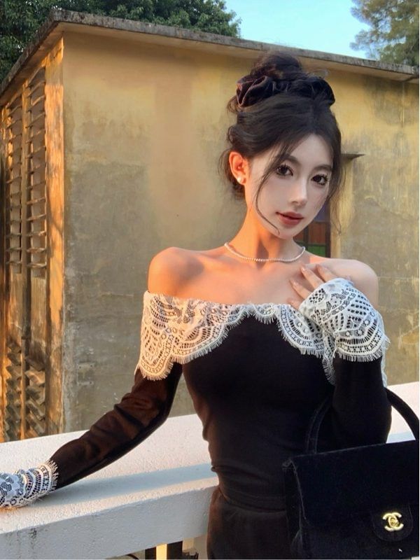 Off Shoulder Lace Panel Top Long Sleeve