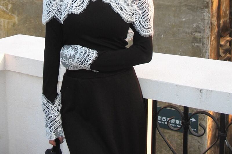 Off Shoulder Lace Panel Top Long Sleeve