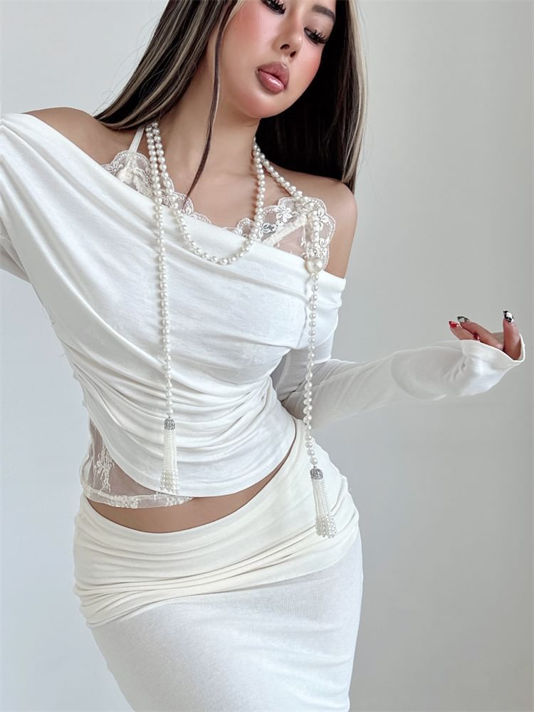 Mock Two Piece Cold Shoulder Long Sleeve Lace Panel Crop Top