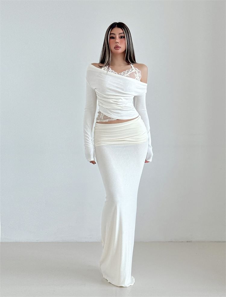 Mock Two Piece Cold Shoulder Long Sleeve Lace Panel Crop Top