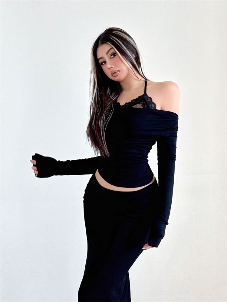 Mock Two Piece Cold Shoulder Long Sleeve Lace Panel Crop Top