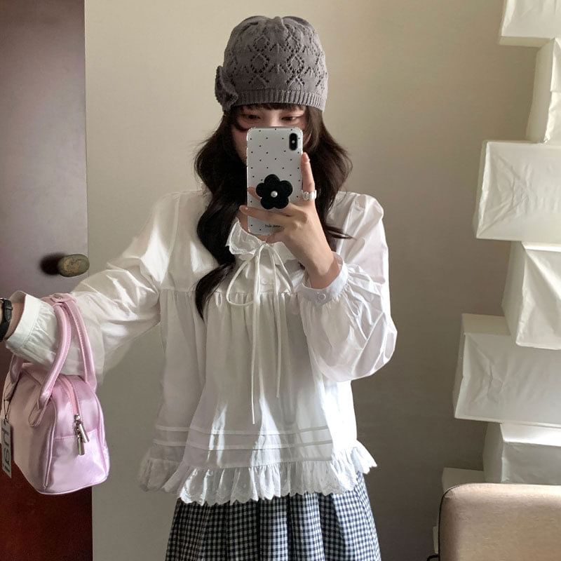 Elegant Lace Collar Long-Sleeve Blouse