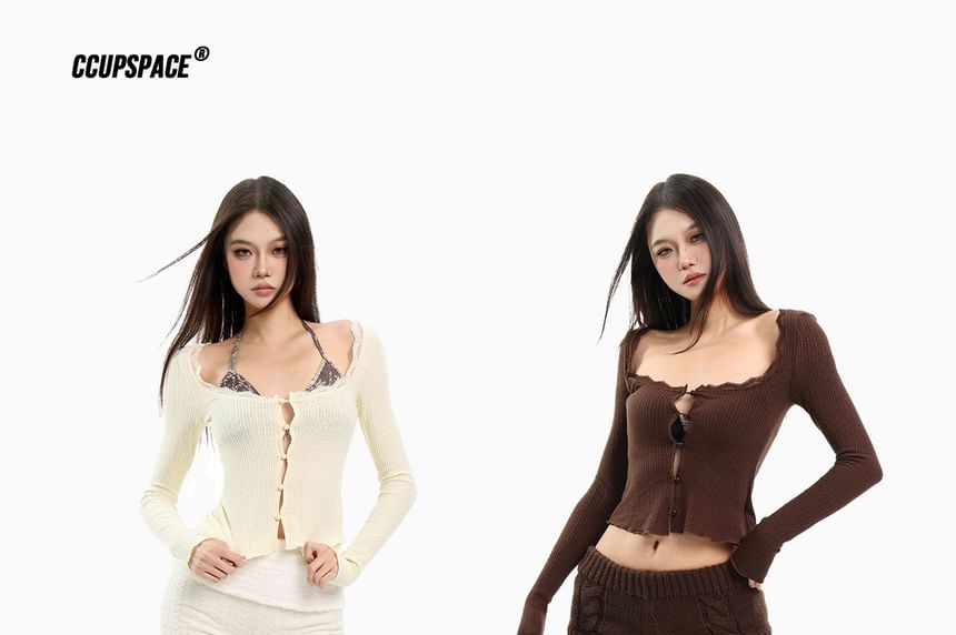 Scoop Neck Lace Trim Button Top Long Sleeve