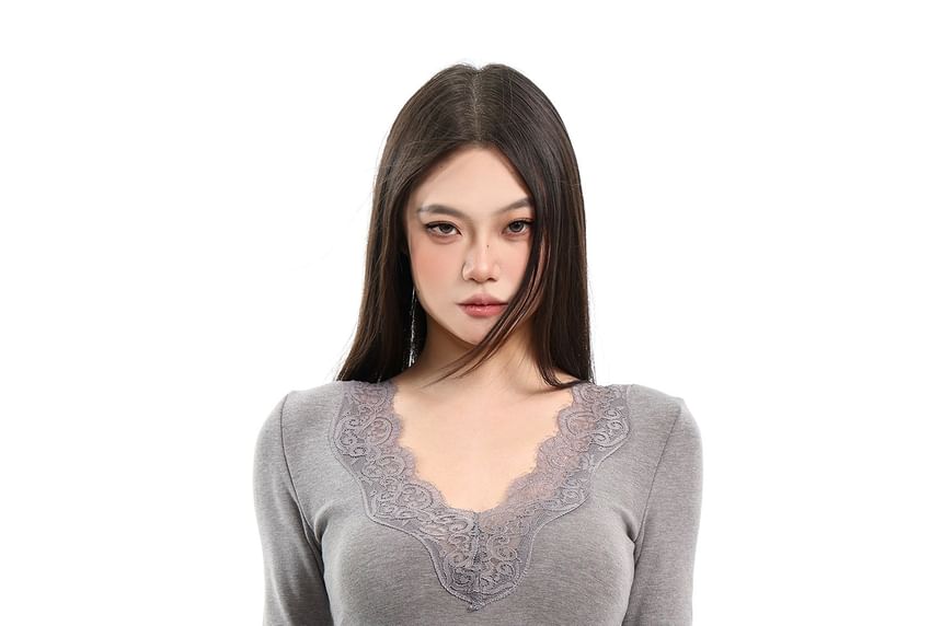 V-Neck Lace Panel Top Long Sleeve