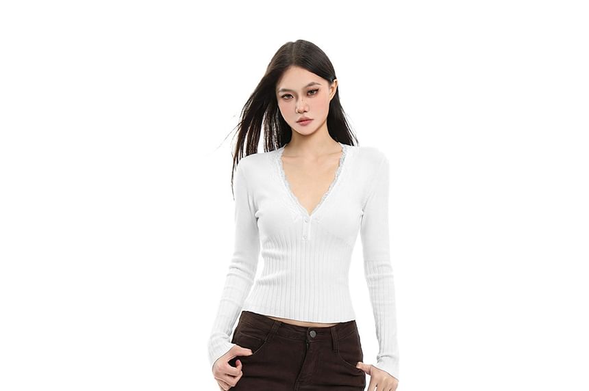 V-Neck Ribbed Knit Top with Lace Trim Sleeves
