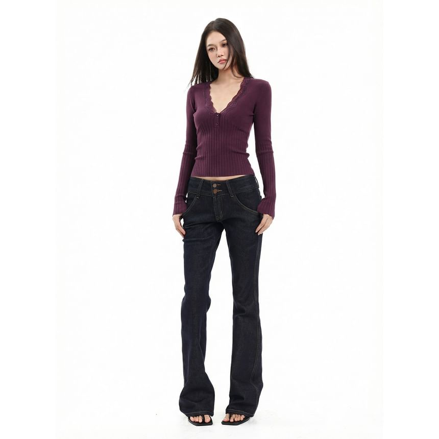V-Neck Ribbed Knit Top with Lace Trim Sleeves