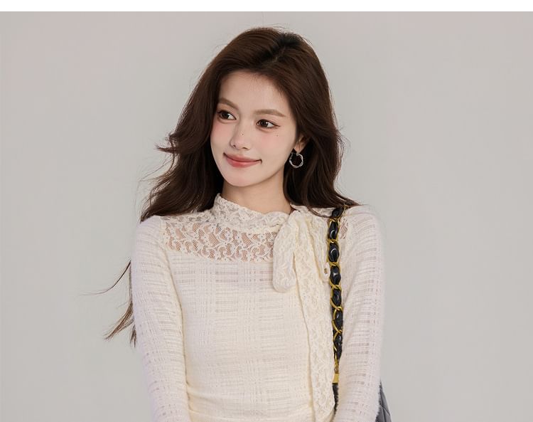 Mock Neck Lace Panel Ruched Long-Sleeve Top